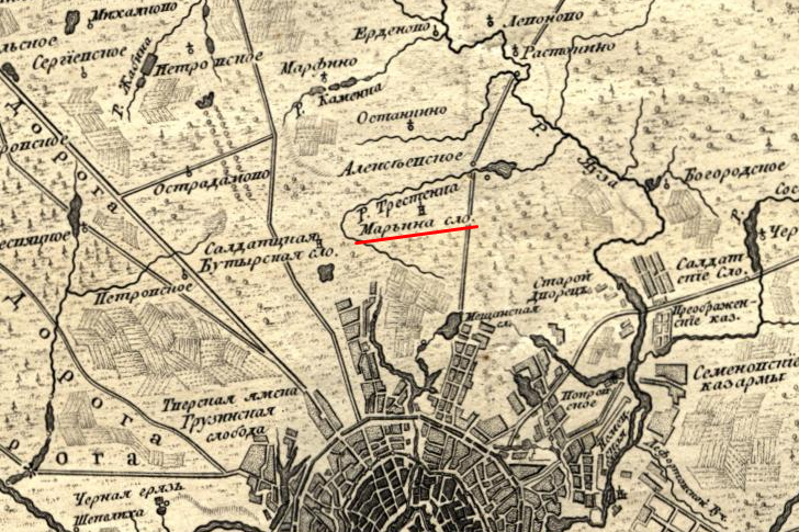 Марьина слобода на плане царствующего града 1766 года. Источник: retromap.ru