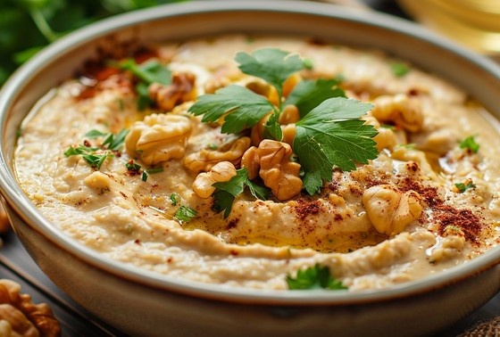    Соус сациви, украшенный орехами и зеленью