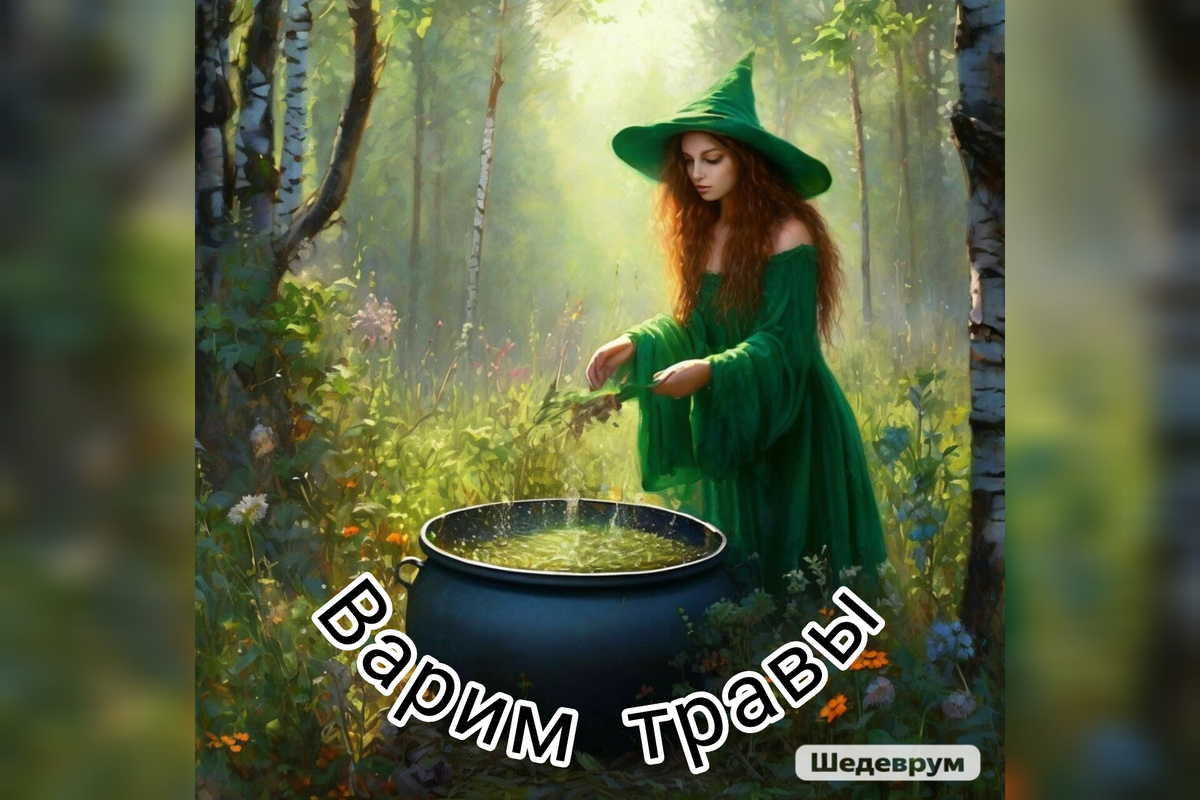 Тифлокомментарий. Обложка к статье сгенерирована в Шедеврум. Летний лес, молодая девушка в зелёном платье зелёной шляпе варит травы в котле
