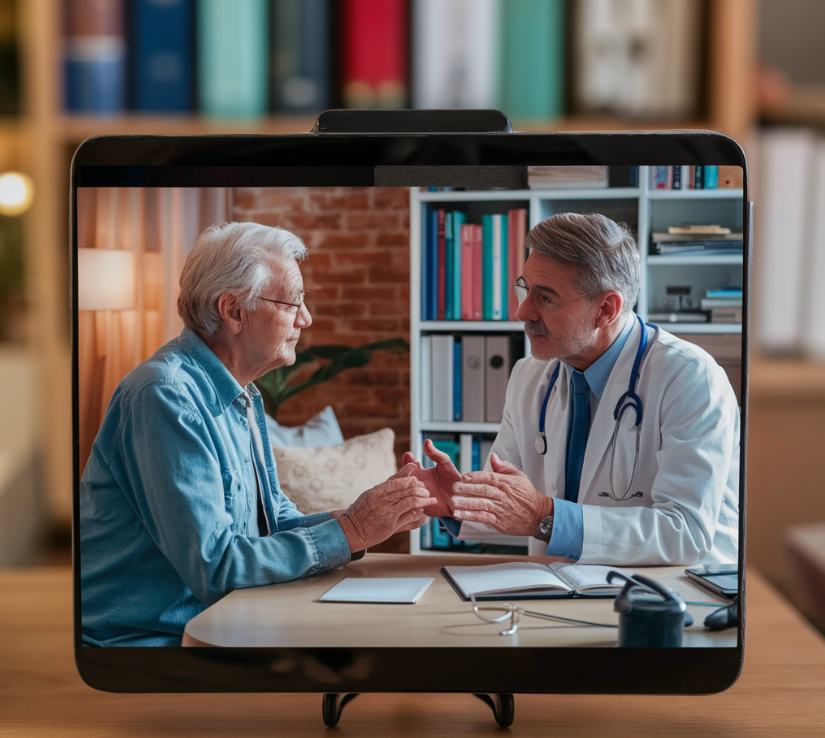 Врач консультирует пациента через видеозвонок, на экране отображается их взаимодействие