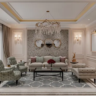 Пример неоклассического стиля: светлые тона, симметрия в расположении мебели, лепнины, светильников, роскошная люстра, дорогой акцентный декор. Фотография: Dlhossain.stock / Shutterstock / FOTODOM