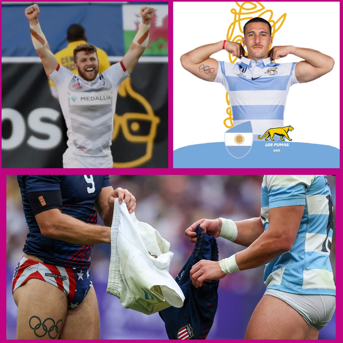 Стив Томасин (США) и Родриго Изгро (Аргентина) обмениваются шортами после матча по рэгби)))) и оба спортсмена с олимпийскими татуировками!