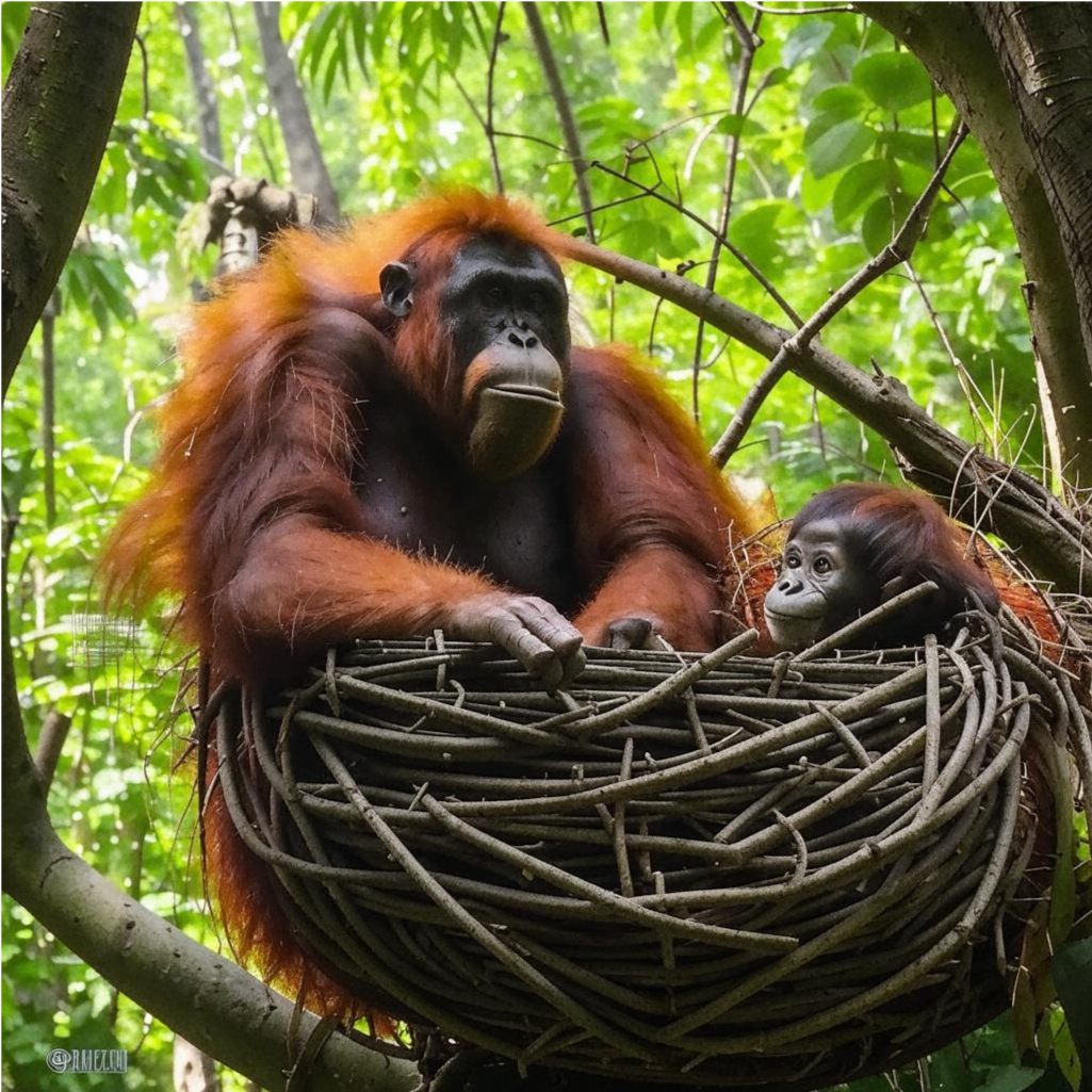 Орангутанг строит гнездо.