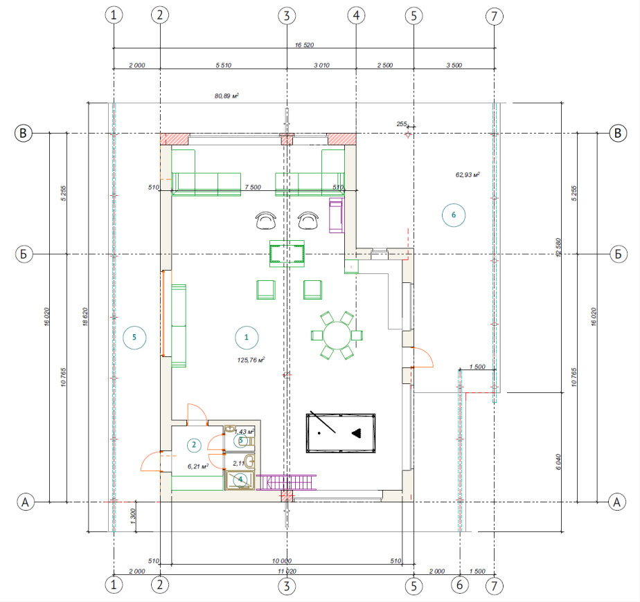 Общий план строения с основными элементами: на 125 квадратных метрах есть санузел, бильярд, зона отдыха и готовки