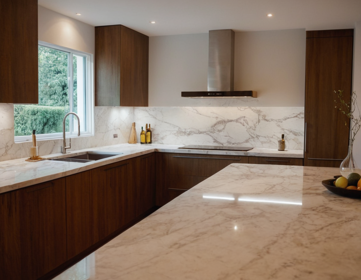 Кухня со светлой столешницей из искусственного акрилового камня текстурой "под мрамор"