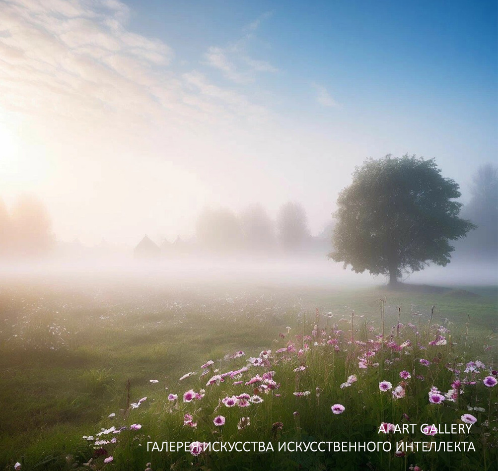 Рассвет на деревенской поляне, Фотография автора канала AI Art Gallery / Галерея искусства искусственного интеллекта, 2024 г.