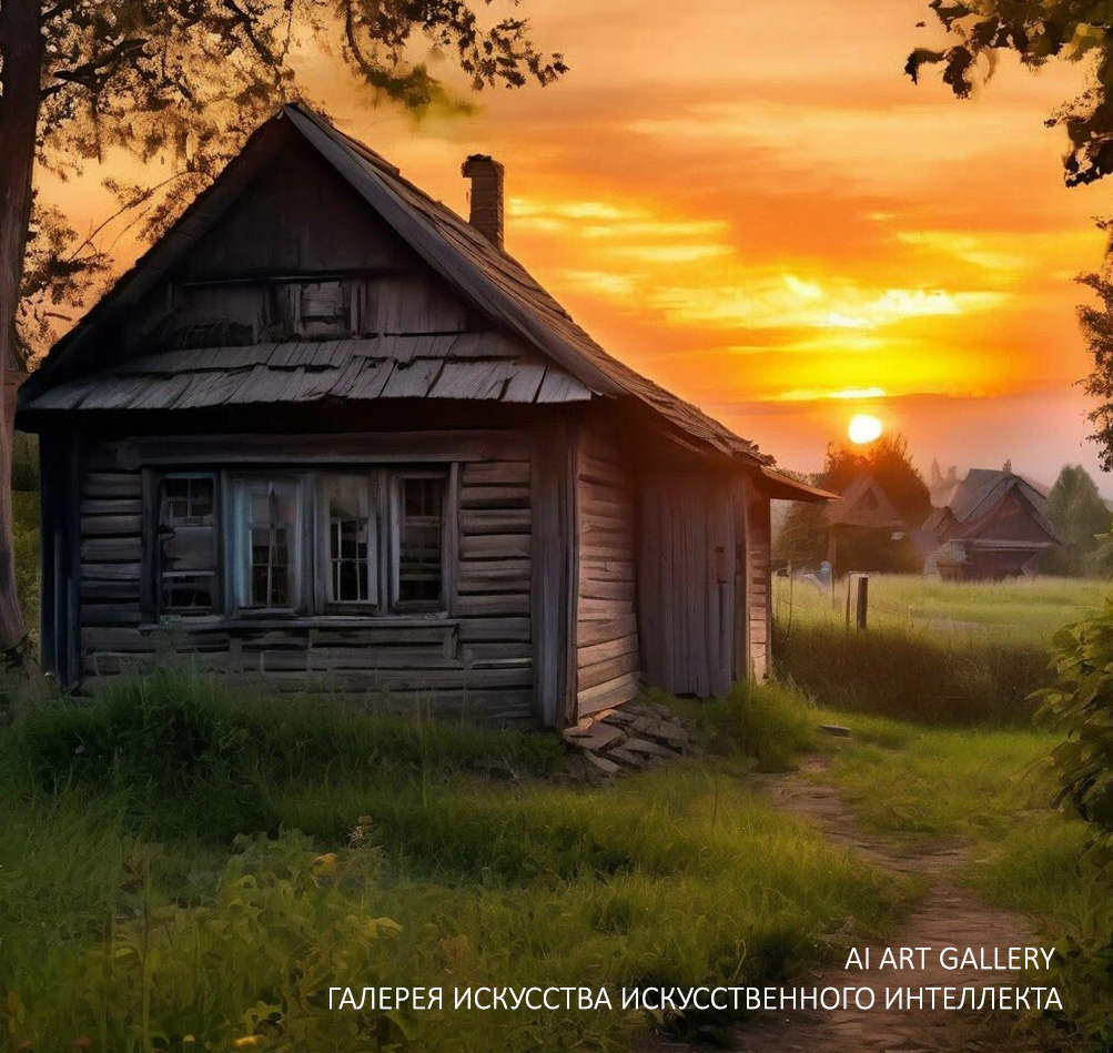 Бабушкина изба в лучах заката, Фотография автора канала AI Art Gallery / Галерея искусства искусственного интеллекта, 2024 г.