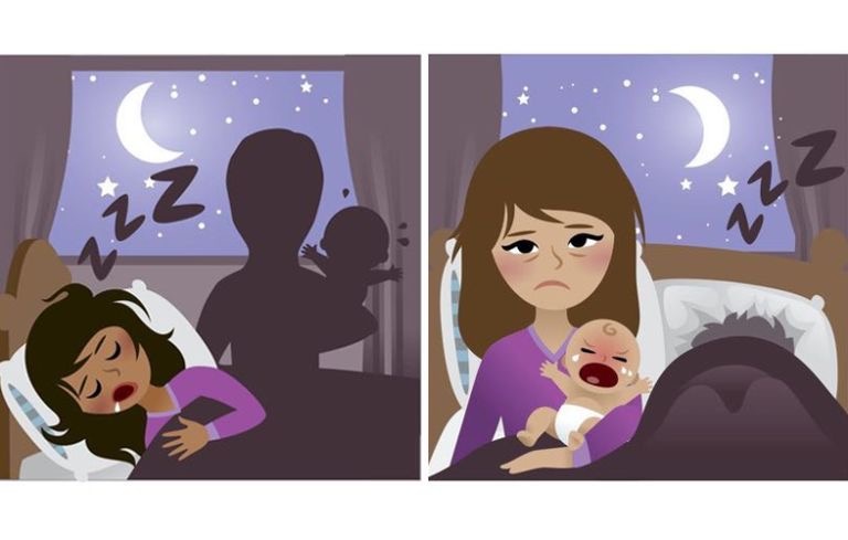 Ночное бодрствование у малышей, это частое явление , поэтому хорошо , когда есть кому вас сменить , а вообще первые 3 месяца особенно если это первый ребенок , то классно когда режим мамы и малыша синхронизирован 