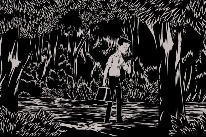 Кадр из мультфильма Peur(s) du noir. Режиссер: Блатч, Чарльз Бернс, Мари Кайу, Пьер Ди Сиулло, Лоренцо Маттотти, Ричард МакГуайр. Художник: Этьен Робиаль. Производство: Cofinova 3, La Parti Productions, Prima Linéa Productions, SCOPE Invest, Scope Pictures. Показ в России: Русский Репортаж