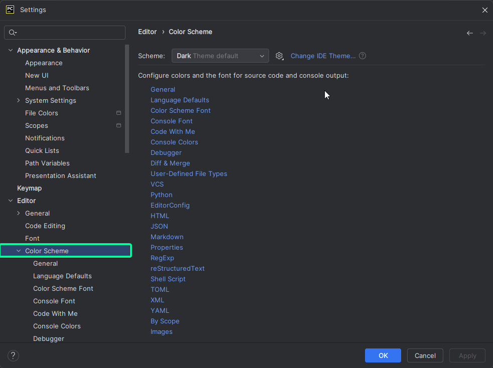    Настройки цветовой схемы в PyCharm