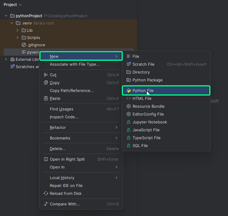    Создание нового python-файла в PyCharm