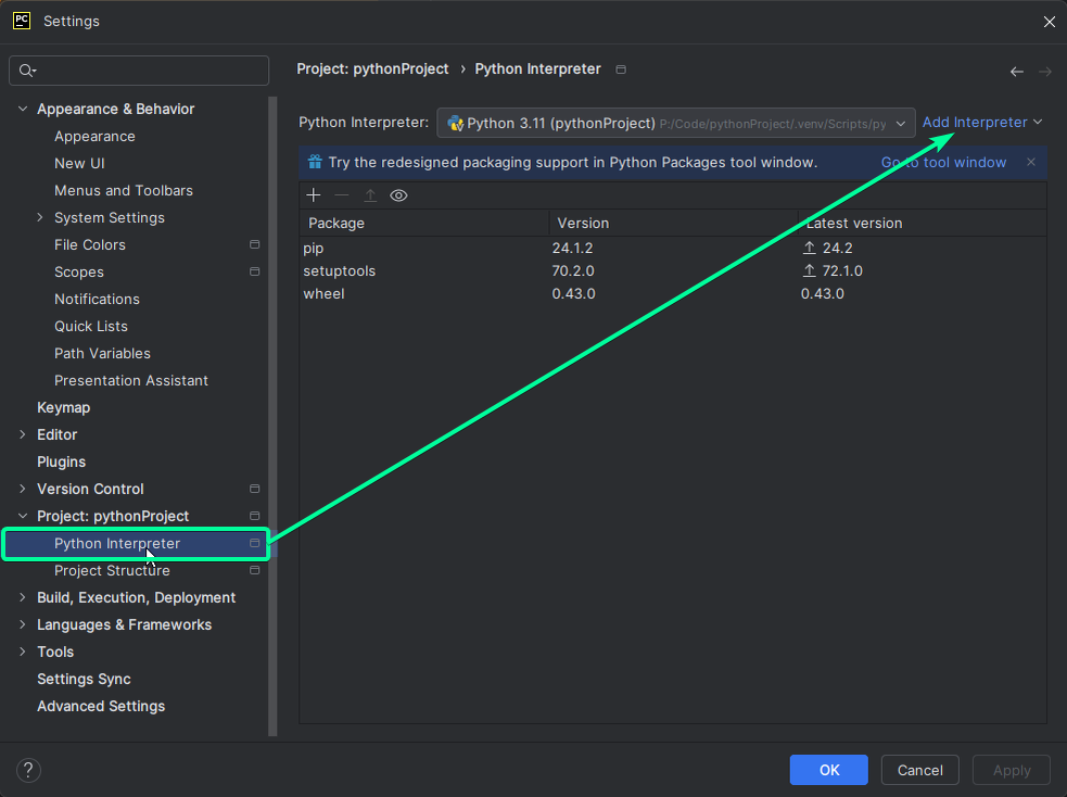    Подключение и настройка интерпретатора Python в PyCharm