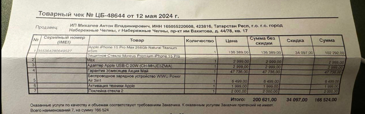 Перечень приобретенных товаров и услуг, самое смешное что стоимость гарантии больше чем стоимость скидки.