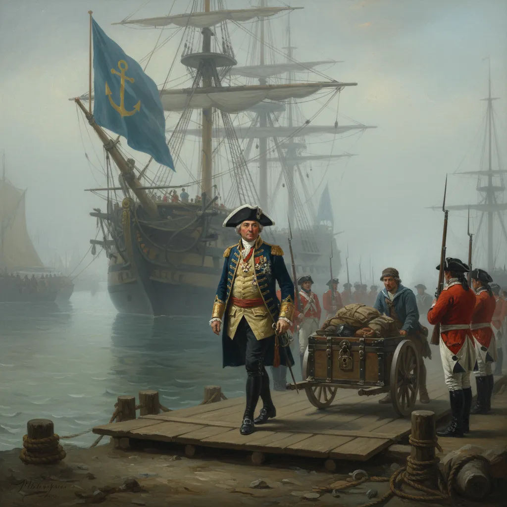 Важный чин  сходит с корабля на берег.