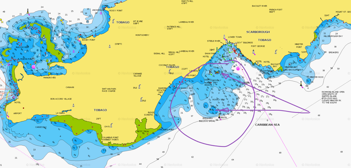Отмели у южной части острова Тобаго со стороны океана. От них до берега 1-4 мили.