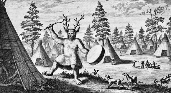 Изображение эвенкийского шамана в головном уборе из рогов (Витсен, 1785). Источник: Aimée Little et al.