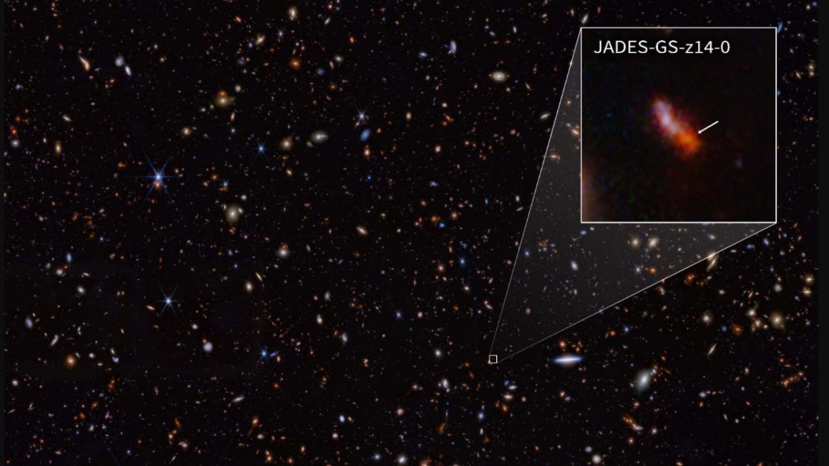    Галактика JADES-GS-z14-0, древнейшая из известных в нашей Вселенной / © NASA, ESA, CSA, J. Olmsted (STScI). Science: S. Carniani (Scuola Normale Superiore), JADES Collaboration.