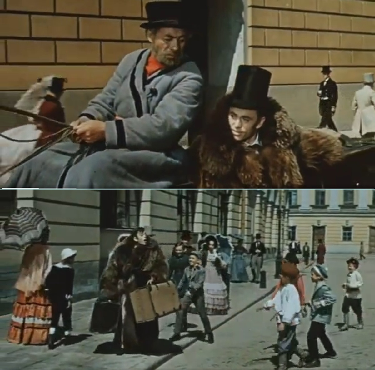 Кадры из фильма "Третья молодость": по совету друга семьи, побывавшего в России в 1812 году, Мариус Петипа приехал в Петербург в медвежьей шубе и тут же стал объектом пристального внимания у местных мальчишек