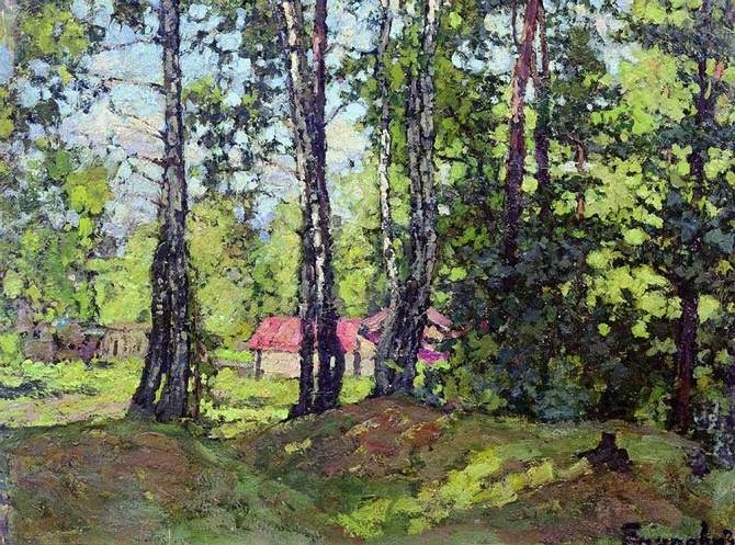 Петр Петровичев. Ясный август. 1915. Фанера, масло. 40.5 x 52.5. Калужский областной художественный музей