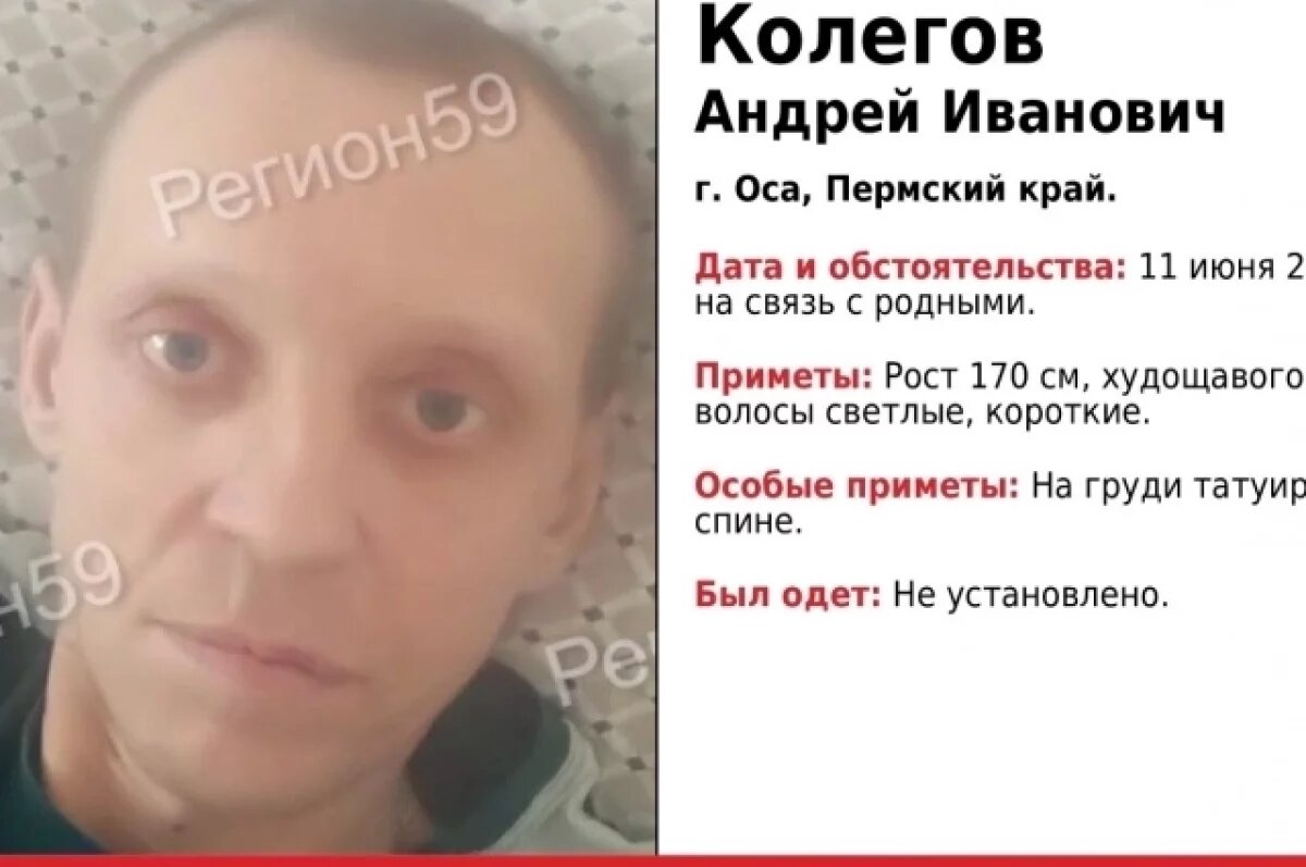    41-летний Андрей Колегов жил в Осе, на связь с родными в последний раз выходил 11 июля