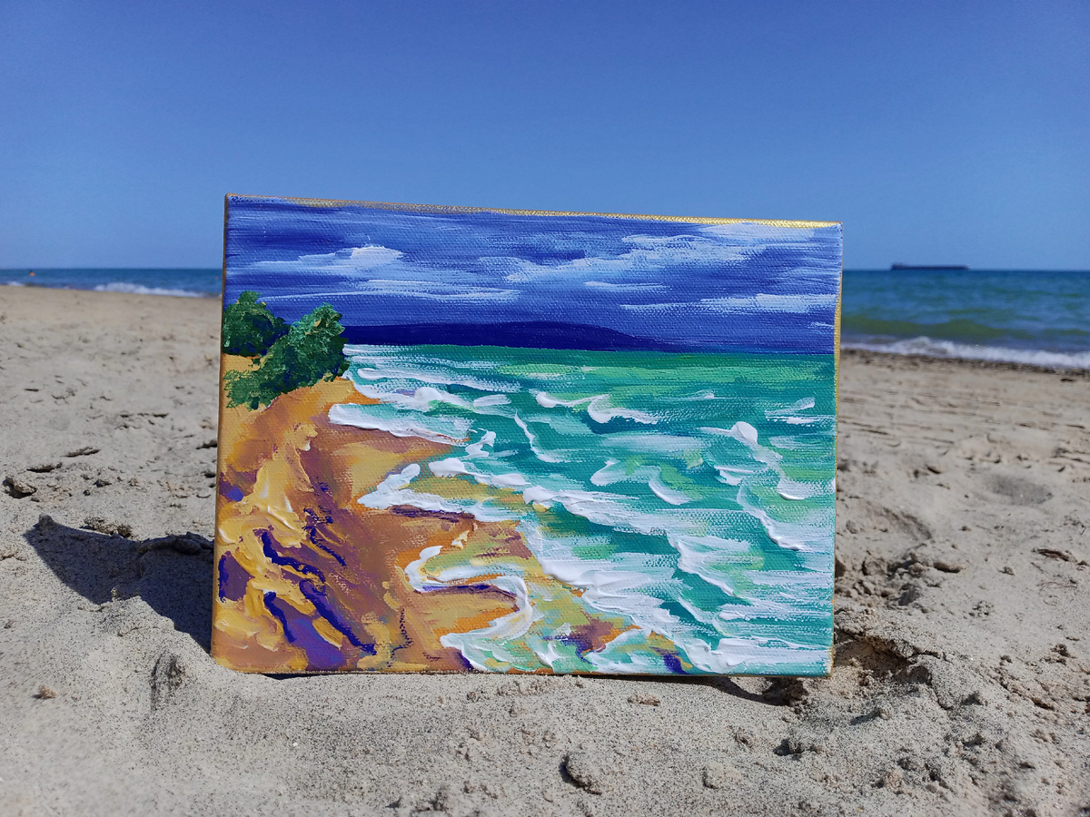 Мария Вяльшина, «Морской пейзаж №5. Кучугуры»,  2024 год, 24х18 см, холст, акрил. Картина приобретена в частную коллекцию