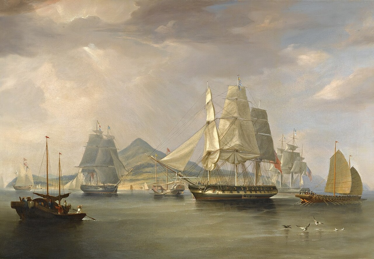 Корабли с опиумом у острова Линдин, Китай. 1824 год. Акватинта Э. Дункана с картины У.Хаггинса, 1838 