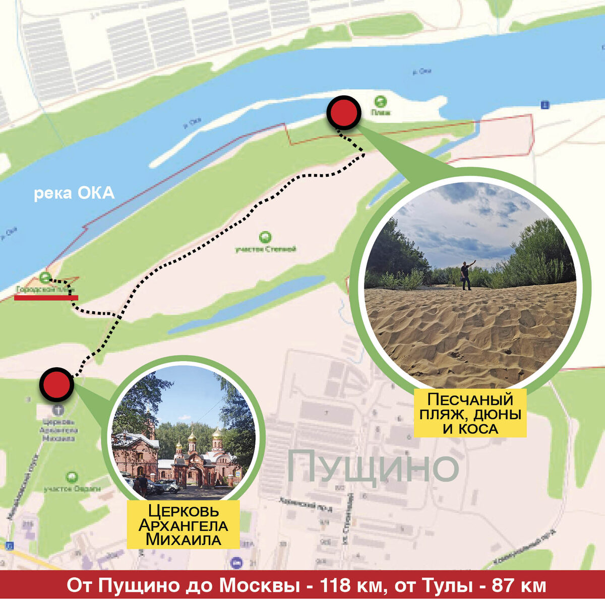 От парковки до Пущинской косы чуть больше 1 км, идёт хорошая дорога через «Участок Степной», он обозначен на карте.