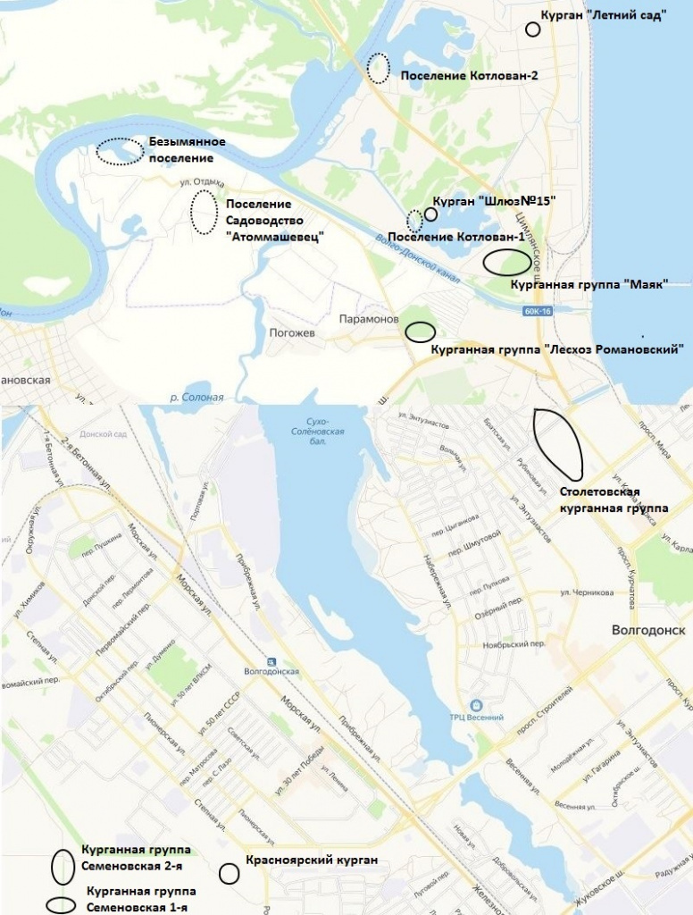 Локализация археологических памятников в Волгодонске. Составлено по данным Правил землепользования и застройки.
