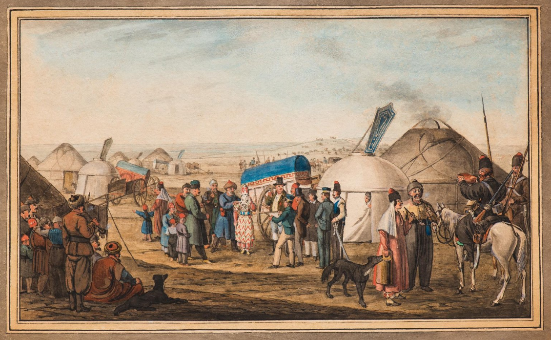 Экспедиция П.С. Палласа в поселении кундровских татар. Художник Х.Г.Г. Гейслер, рисующий татарскую девушку. Рисунок из альбома. Гейслер Х.Г.Г. (Geissler Christian Gottfried Heinrich), 1793-1794 гг.