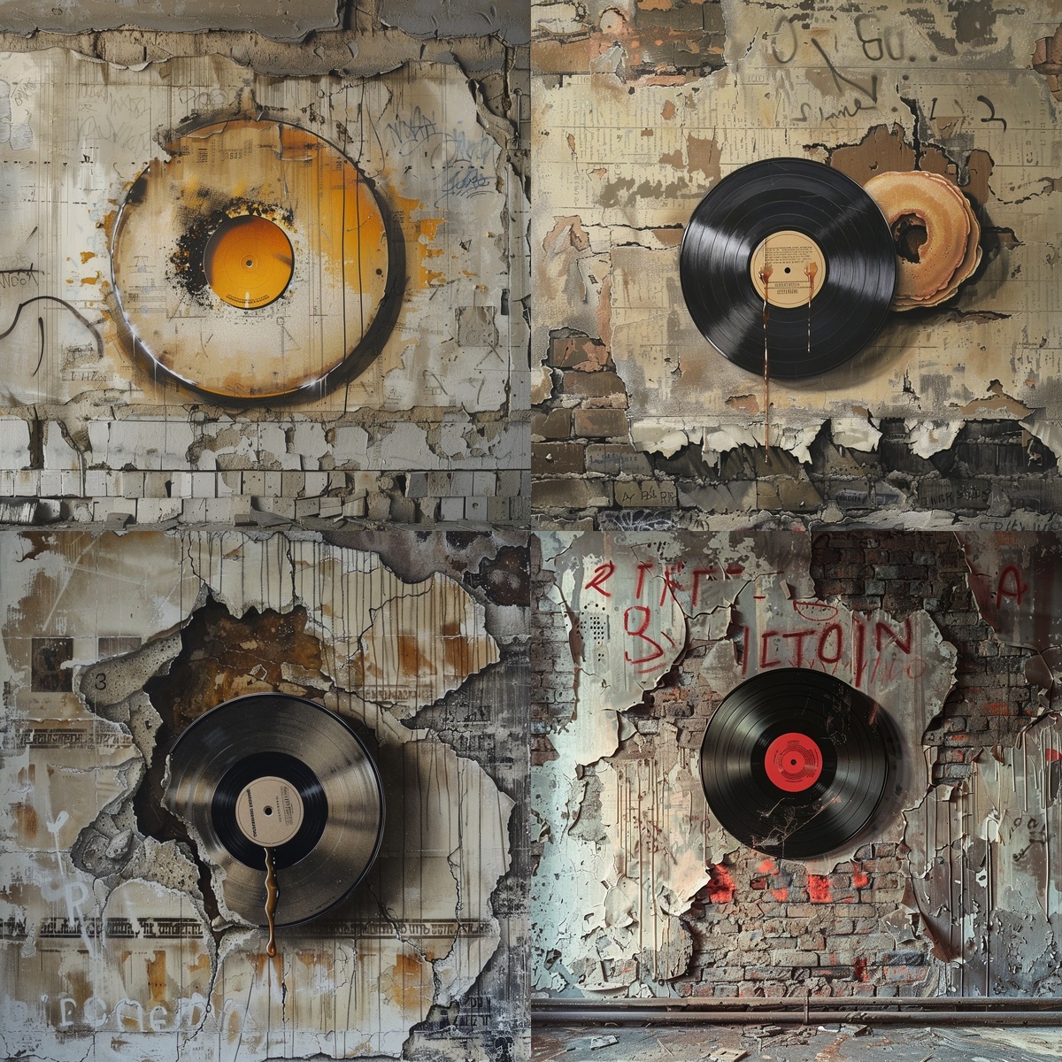 A photorealistic depiction of a graffiti on a crumbling plaster wall of an abandoned building, showcasing an edible pancake designed like a classic vinyl record, embodying minimalism. The background subtly hints at the building's forgotten history with faded letters and numbers. The pancake-record is detailed, with syrup grooves mimicking record grooves, under soft, diffused lighting. Created Using: digital painting, realism, attention to texture detail, photorealistic shading, ambient lighting, subdued color palette, historical undertones, tactile realism