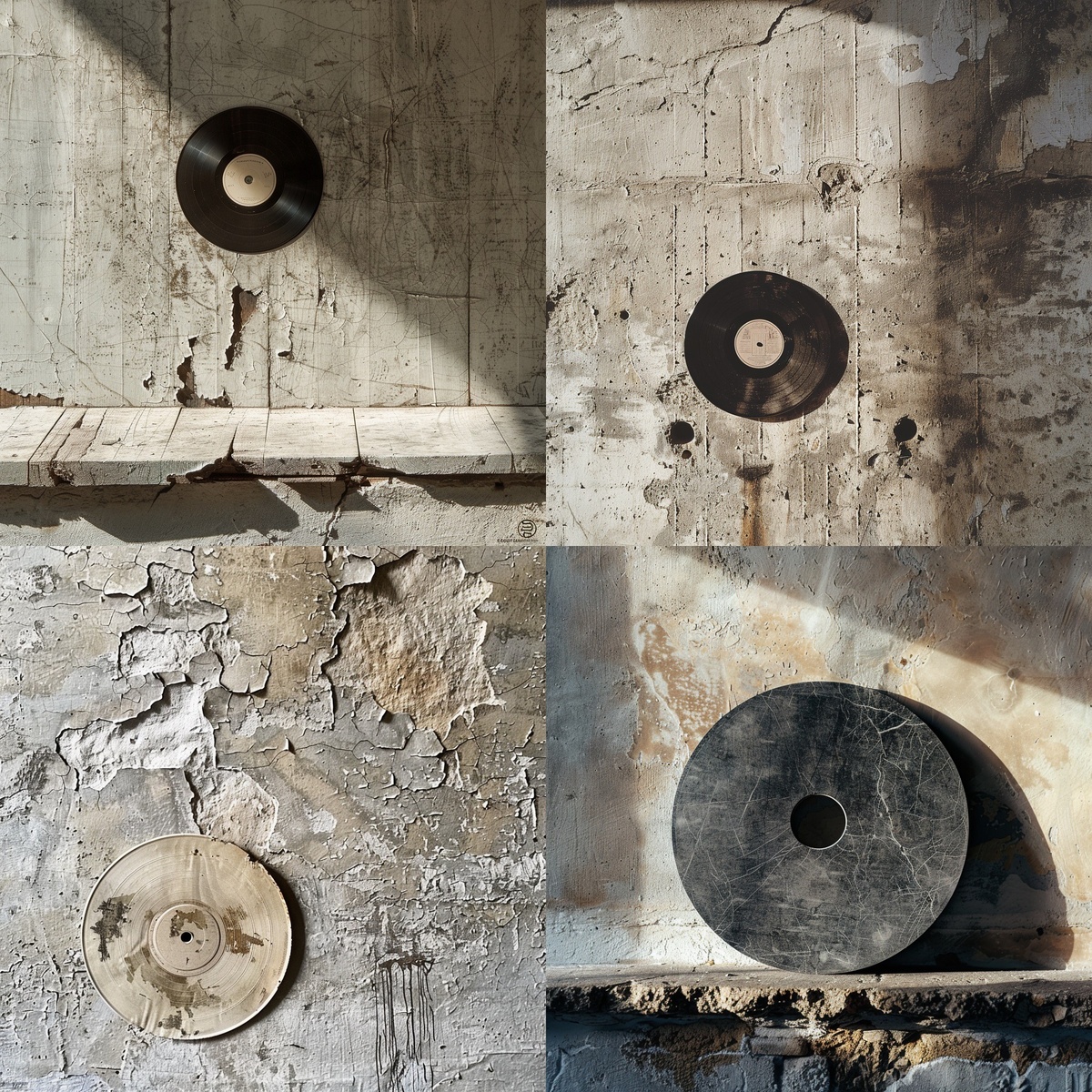 minimalist art cover Wall of abandoned building, drawing - Close-up of an edible pancake imitating a vinyl record, late afternoon sun, soft focus background, emphasis on texture and shape of Nikon mirrorless camera setup, minimalist art influence, clear composition, natural colour palette, textural emphasis on pancake and wall, high quality image, natural look.