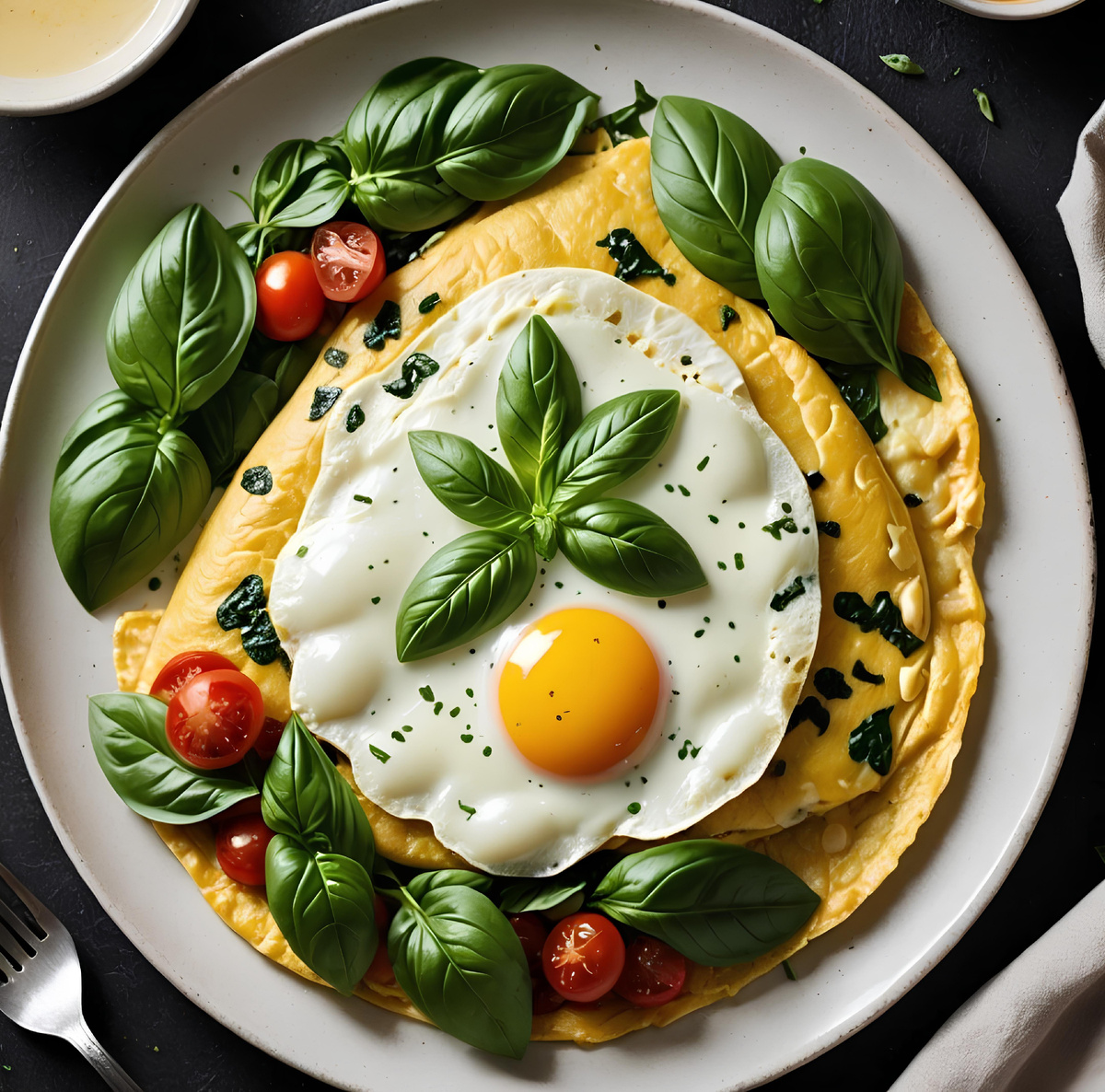 Этот легкий и вкусный омлет станет отличным началом вашего дня. Он сочетает в себе нежность моцареллы и свежесть базилика, что придаст вашему завтраку особый аромат и вкус.