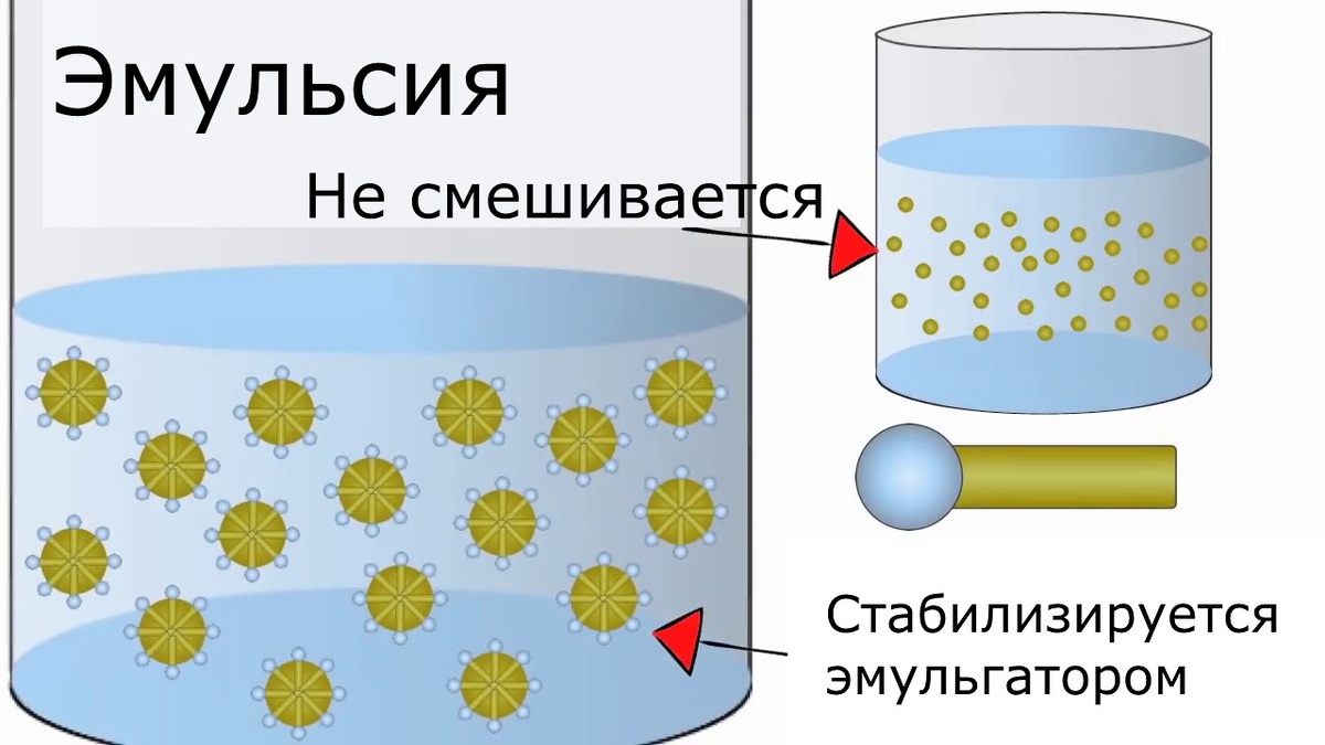 Равномерное распределение "капель" масла в воде при помощи эмульгатора. Картинка из интернета.