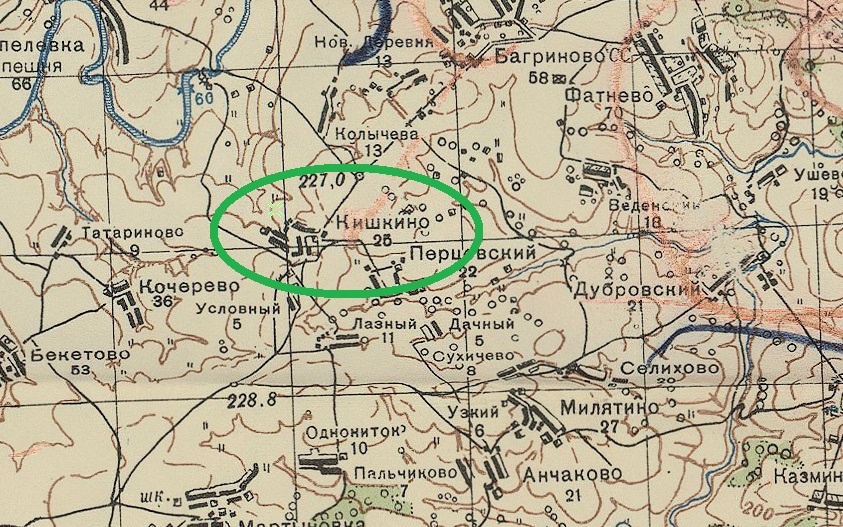 Деревня Кишкино на карте РККА времен ВОв. Свободный источник. Яндекс картинки.