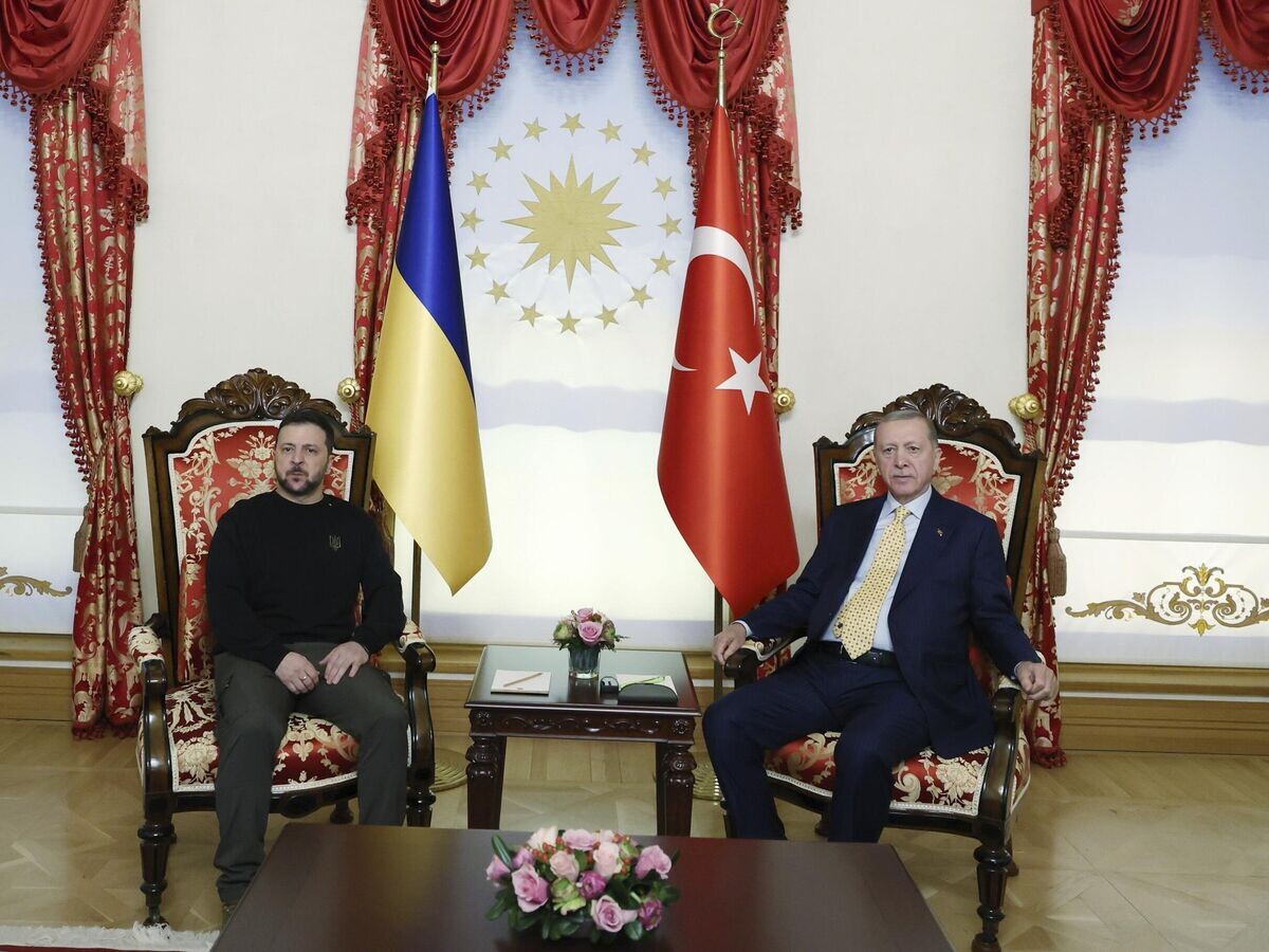    Президент Украины Владимир Зеленский и Президент Турции Реджеп Тайип Эрдоган во время встречи во дворце Долмабахче в Стамбуле© AP Photo / Turkish Presidency