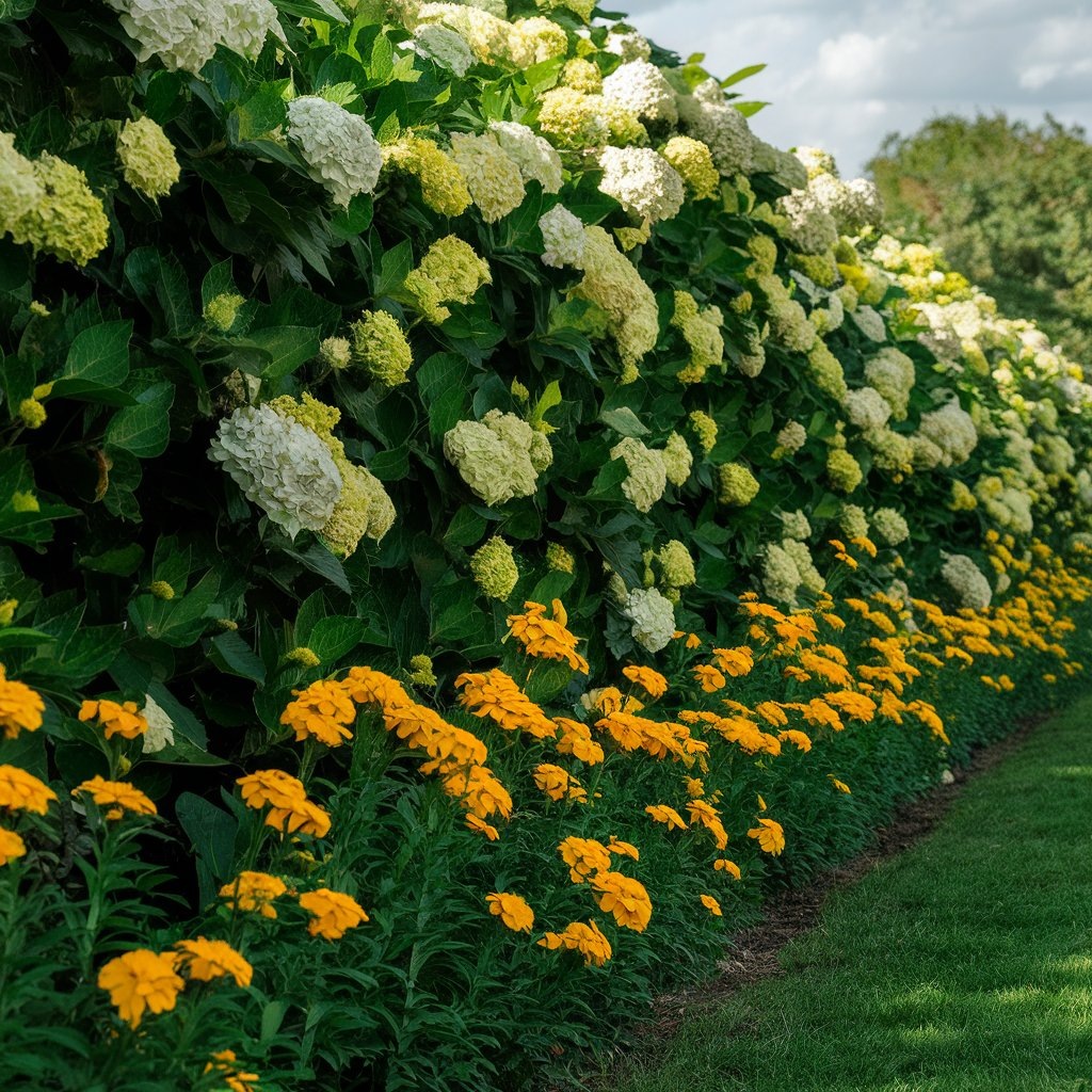 Живая изгородь из гортензий и бархатцев.
