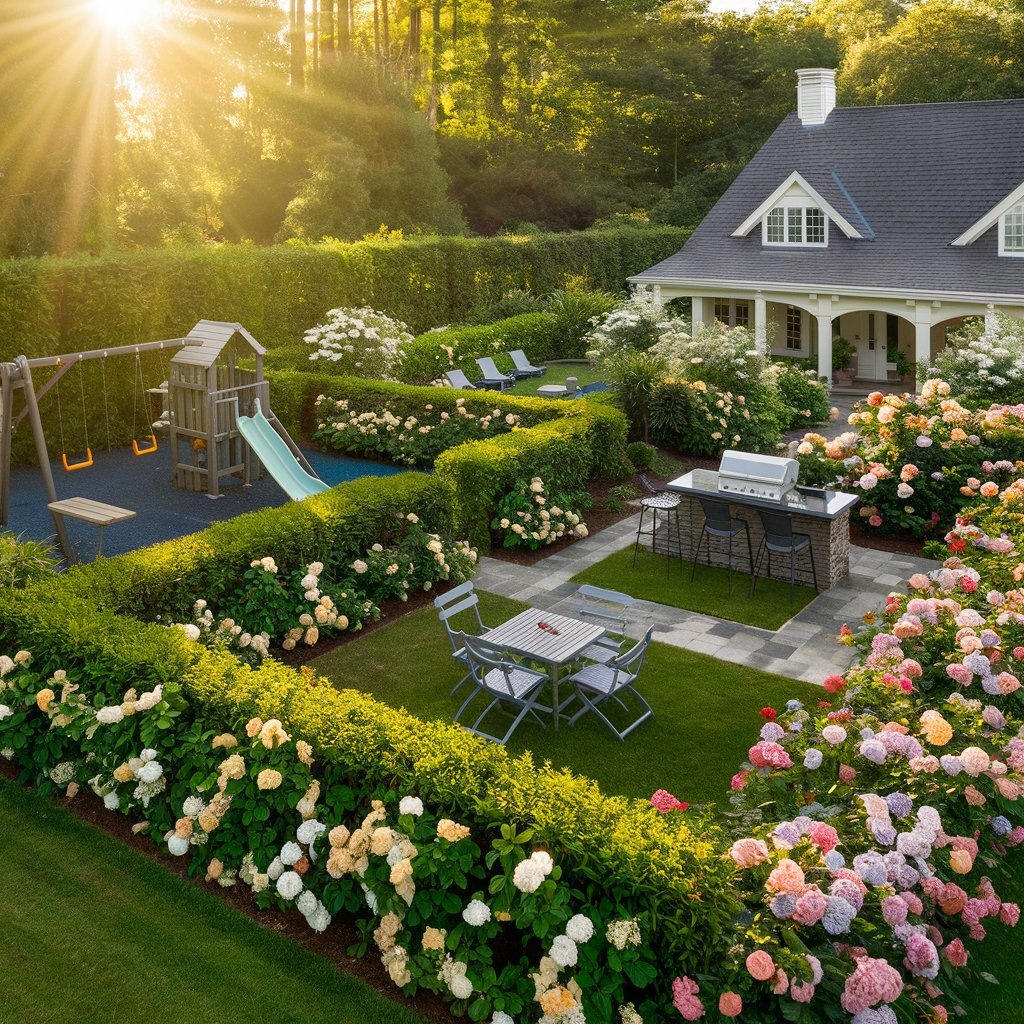 Пример использования живой изгороди на участке для разделения зон на участке.