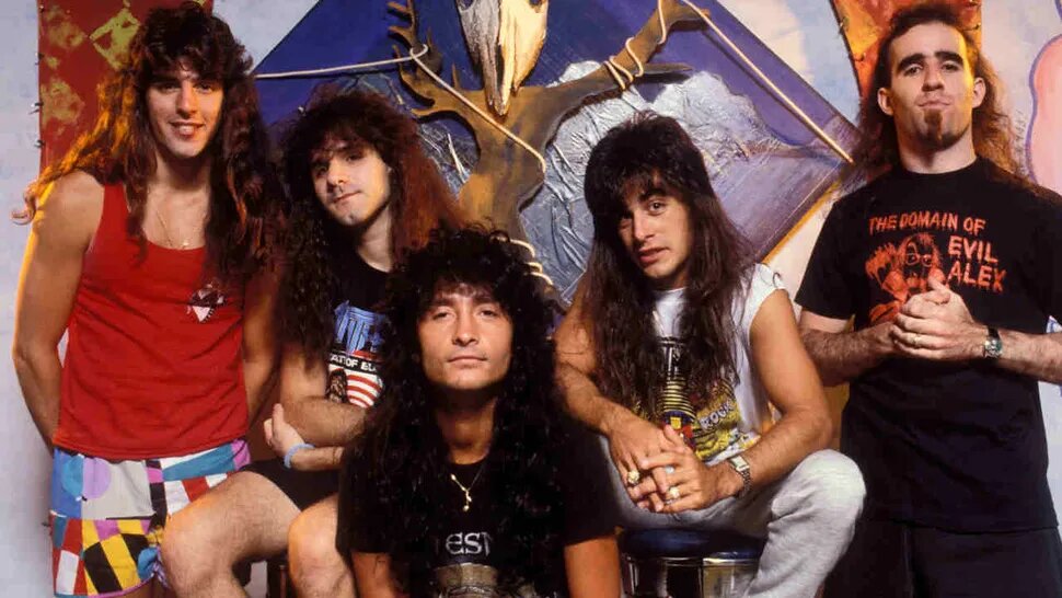 Состав Anthrax Among The Living: (слева направо) Фрэнк Белло, Чарли Бенанте, Джоуи Белладонна, Дэн Спитц, Скотт Иэн