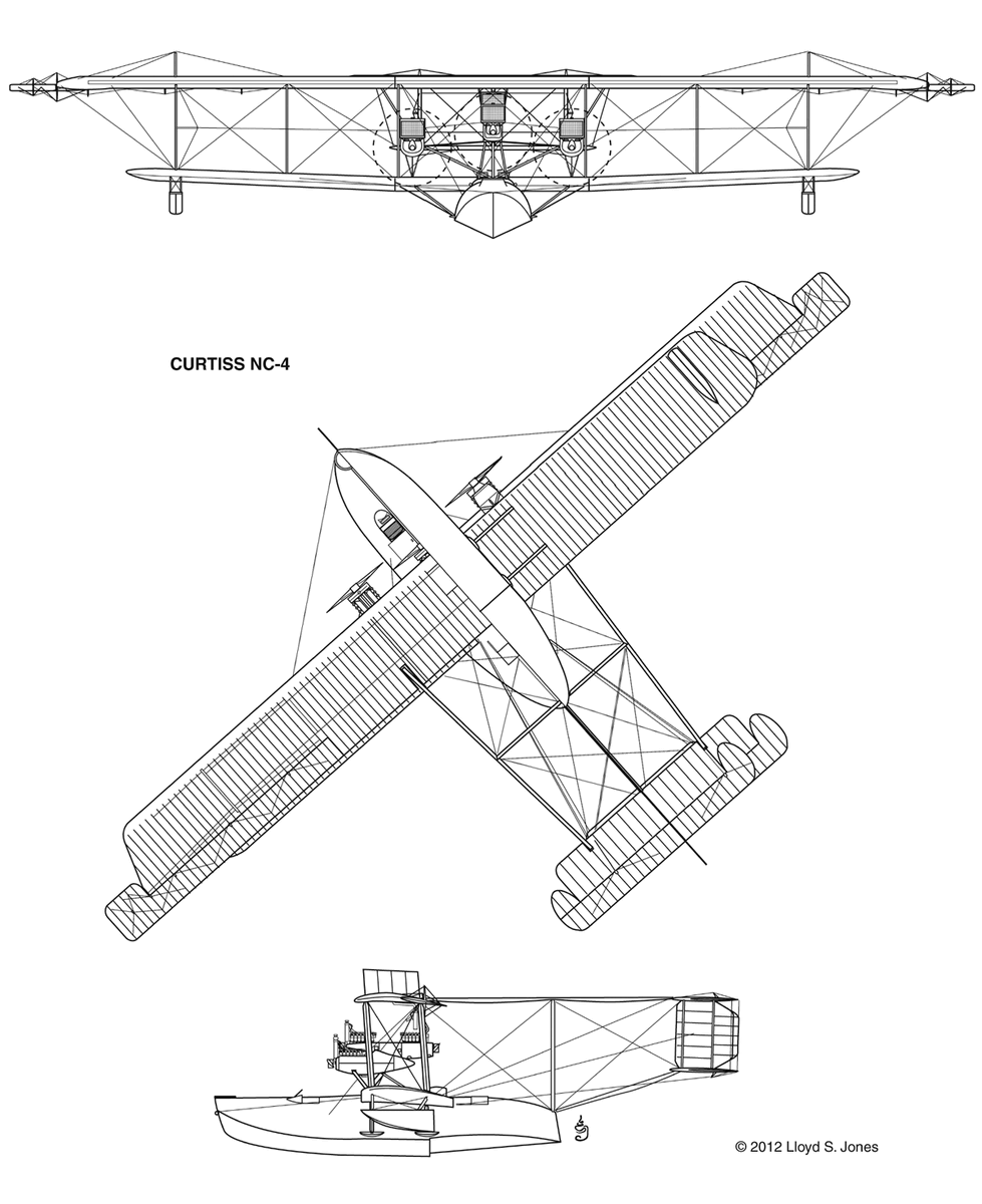  схема летающей лодки Curtiss NC-4. Размах верхнего крыла 36,40 м, размах нижнего крыла 34,75 м, общая длина 20,66 м, длина фюзеляжа 13,64 м, высота 7,47 м, масса пустого самолета 6849 кг, взлетная масса 12926 кг, емкость топливных баков 7150 л, скорость 146 км/ч. Чертеж airwar.ru