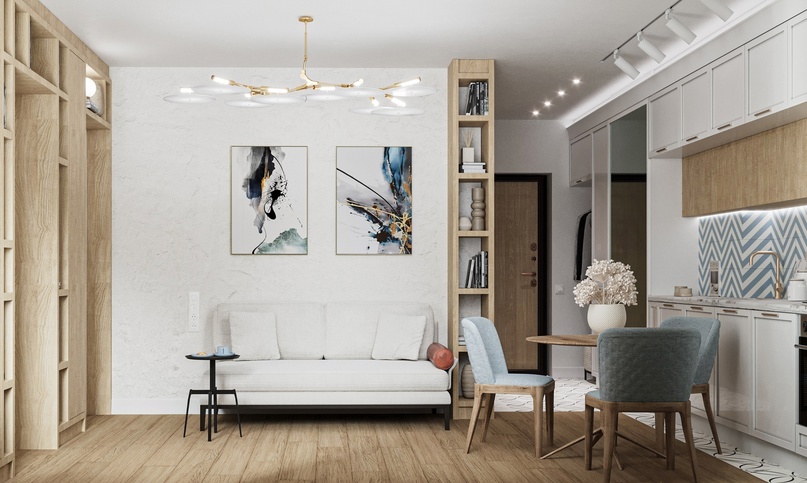 Стиль фьюжен. Сочетание не сочетаемого. Классические фасады кухни, классический потолочный плинтус, классические стулья сочетаются со строгими современными линиями