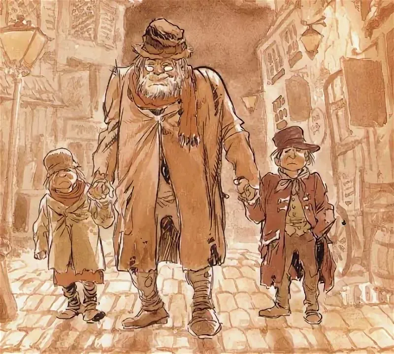 Феджин держит за руки Чарли и Плута