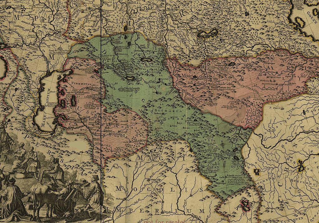 Карта примерно 1709 года. Зелёным выделена Джунгарская империя - "соседка" Российской империи. «Джунгарское ханство – государство, занимавшее когда-то часть современной России»: противники русской экспансии в Сибирь