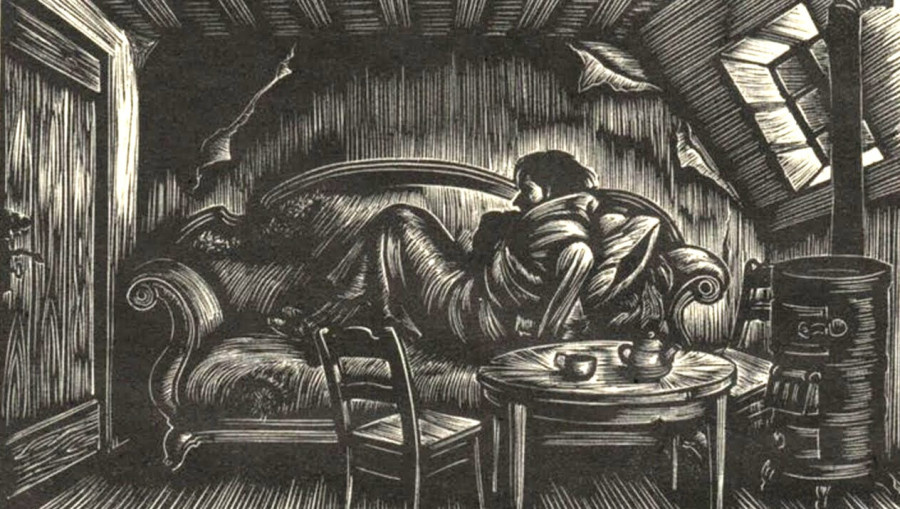 На многих иллюстрациях комната выглядит довольно просторно. Здесь, как мне кажется, всё ближе к тексту