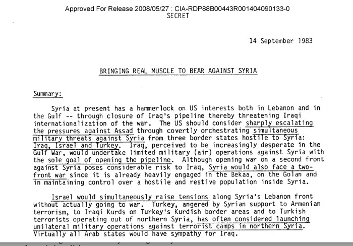 В настоящее время Сирия наносит удар по интересам США как в Ливане, так и в Персидском заливе, закрыв иракский трубопровод, тем самым угрожая иракской интернационализации войны. США следует рассмотреть возможность резкой эскалации давления на Асада путем тайной организации одновременных военных угроз Сирии со стороны трех враждебных Сирии пограничных государств: Ирака, Израиля и Турции. Ирак, который, как считается, находится в все более отчаянном положении в войне в Персидском заливе, предпримет ограниченные военные (воздушные) операции против Сирии. Единственная цель – открытие трубопровода. Хотя начало войны на втором фронте против Сирии представляет значительный риск для Ирака, Сирия также столкнется с войной на два фронта, поскольку она уже активно задействована в Бекаа, на Голанах и в поддержании контроля над враждебным и беспокойным населением внутри Сирии.   Израиль одновременно усилит напряженность на сирийском фронте в Ливане, но фактически не вступит в войну. Турция, возмущенная поддержкой Сирией армянского терроризма, иракских курдов в курдских приграничных районах Турции и турецких террористов, действующих на севере Сирии, часто рассматривает возможность начала односторонних военных операций против террористических лагерей на севере Сирии. Практически все арабские государства симпатизировали бы Ираку. 