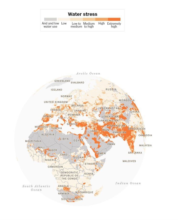 График нехватки водных ресурсов на карте Евразии и Африки.