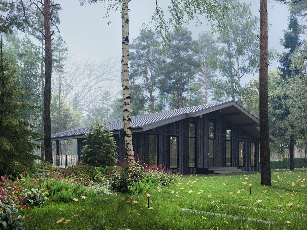 Деревянный дом из вертикального бруса "Альпийское шале" компании NATURI вид сзади