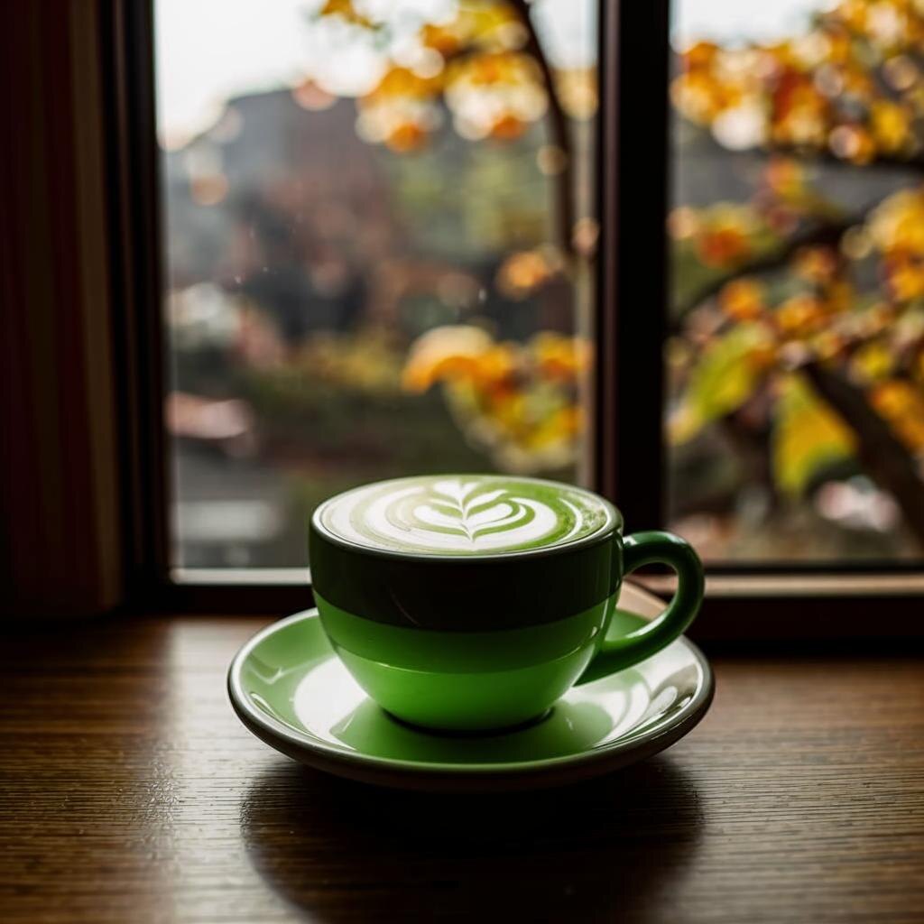 чашка матча в почти-осенний день, нарисованная нейросетью