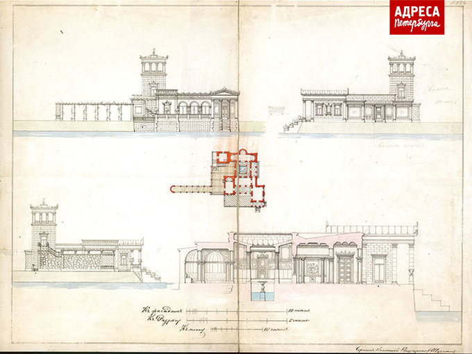 Царицын павильон в Петергофе. План, фасады, разрез. Автор А. Шумилов. Период создания: середина XIX в. Материал, техника: железо-галловые чернила, акварель, карандаш, тушь, бумага, перо, кисть.