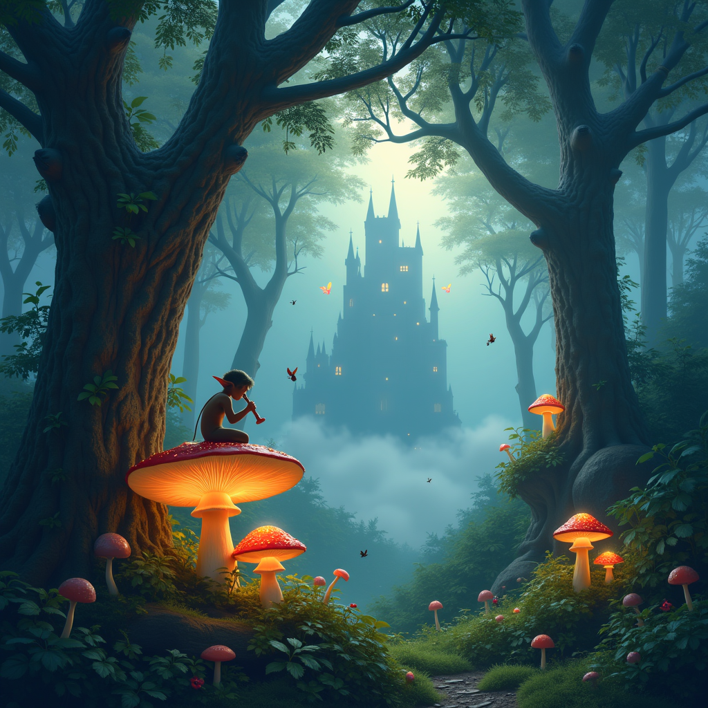 Generate an image of a magical forest, with glowing mushrooms growing around the trees. In the foreground there should be a little elf sitting on a mushroom and playing a flute. An ancient castle can be seen in the distance. The atmosphere should be dreamy and mysterious, with soft pastel colors. Pay attention to details: the texture of tree bark, the shine of leaves, the transparency of insect wings. Don't forget about the fog enveloping the forest