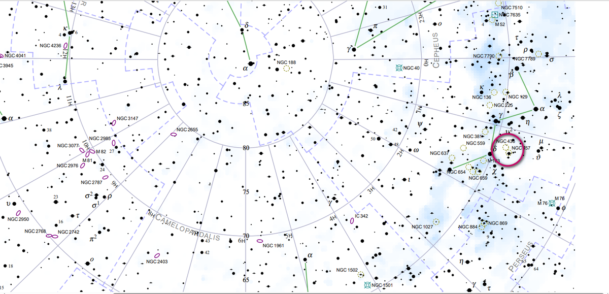 Расположение NGC 457 на карте звёздного неба . 